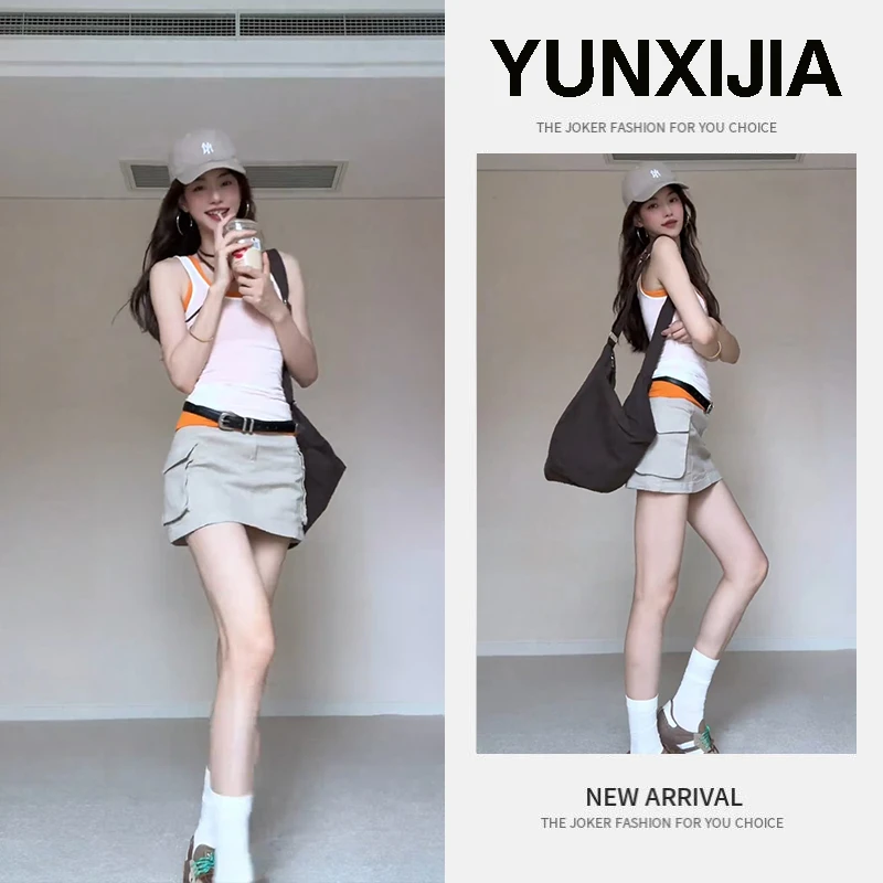 夏季2025年女新款百搭上衣纯色背心高腰中腰无弹三分裤短裤两件套