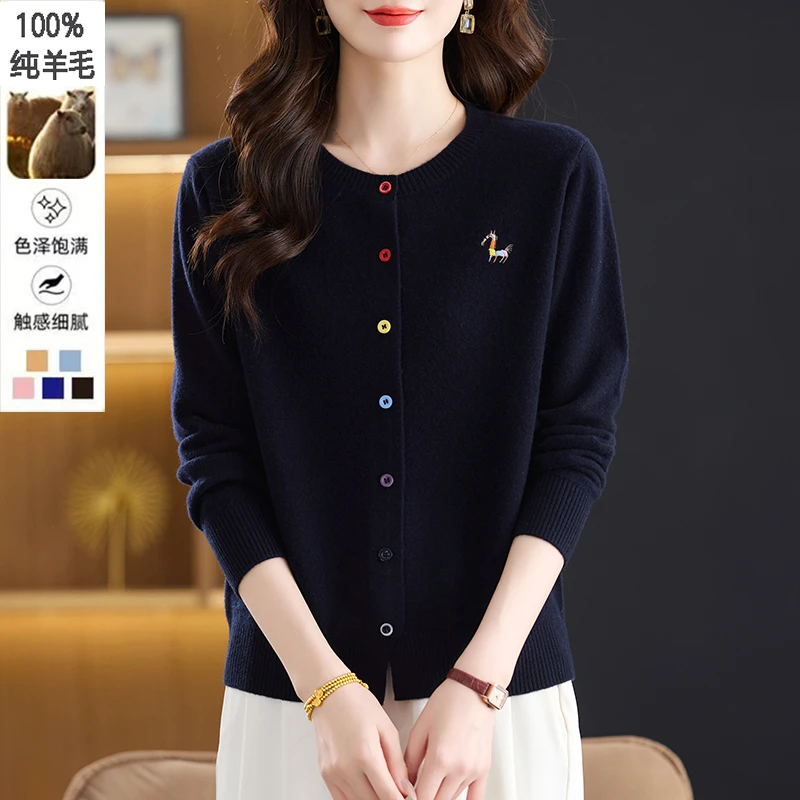 【100%绵羊毛】女装针织开衫中年妈妈装短款毛衣外套春秋外披上衣女