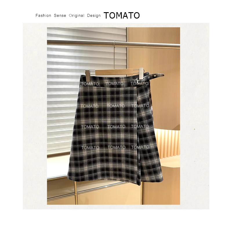 TomaTo-复古格子半身裙中长款秋季新款垂感休闲A字裙C25Q79568