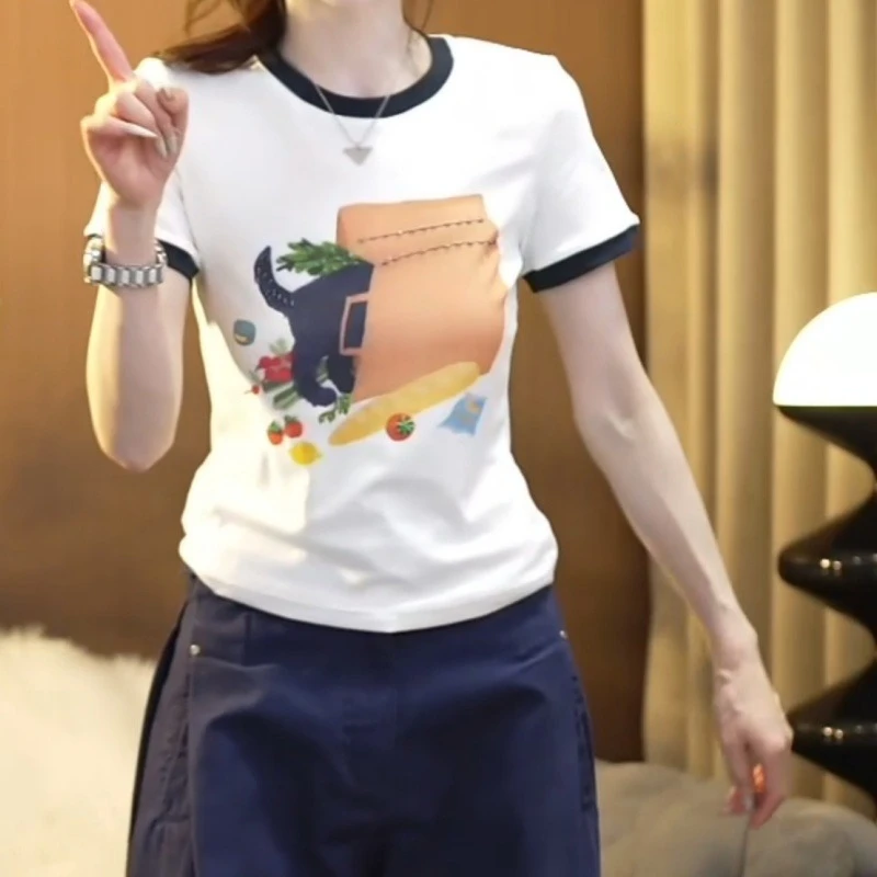 『躲猫猫』夏季设计师手工串珠印花撞色T恤上衣女减龄系LK2503392