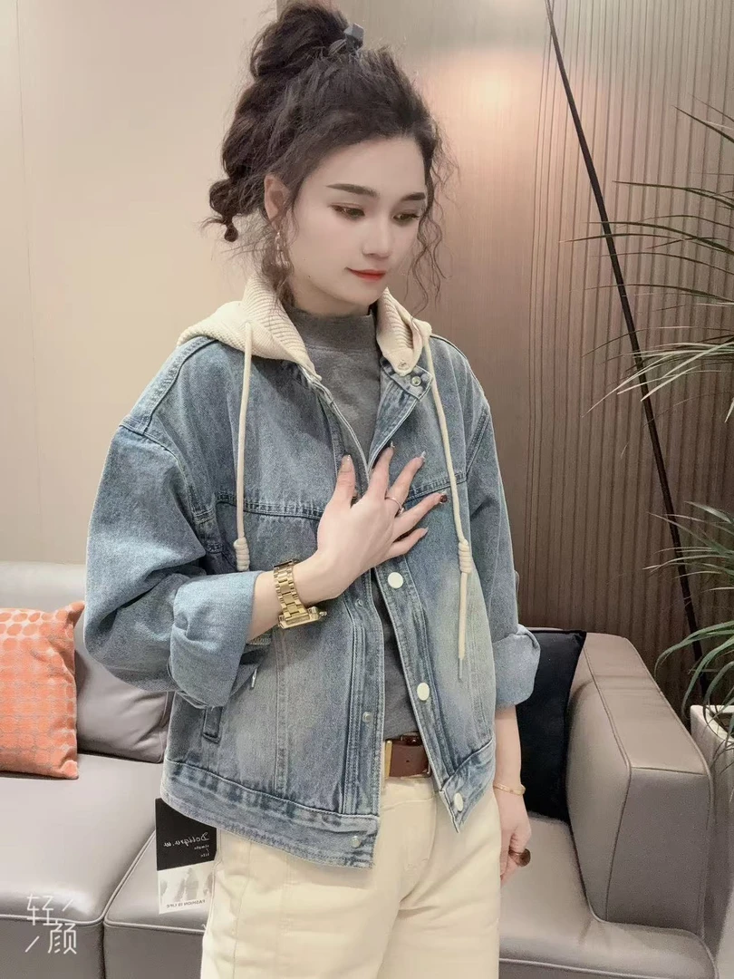 春季新款可拆卸帽子款设计感显瘦洋气百搭牛仔外套蓝色时尚7721