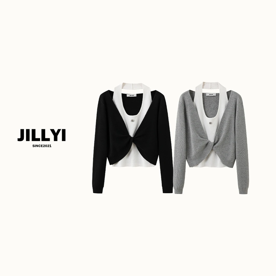 JILLYI【云海午后】黑灰两色辣妹风时尚百搭假两件针织衫