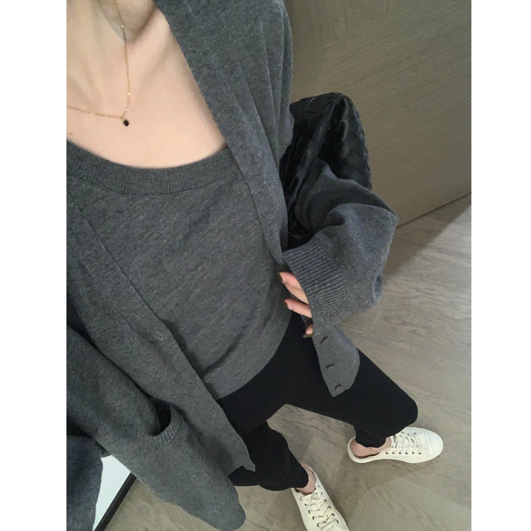 韩国东大门毛衣套装女秋季斜肩背心宽松针织外套开衫两件套裤子