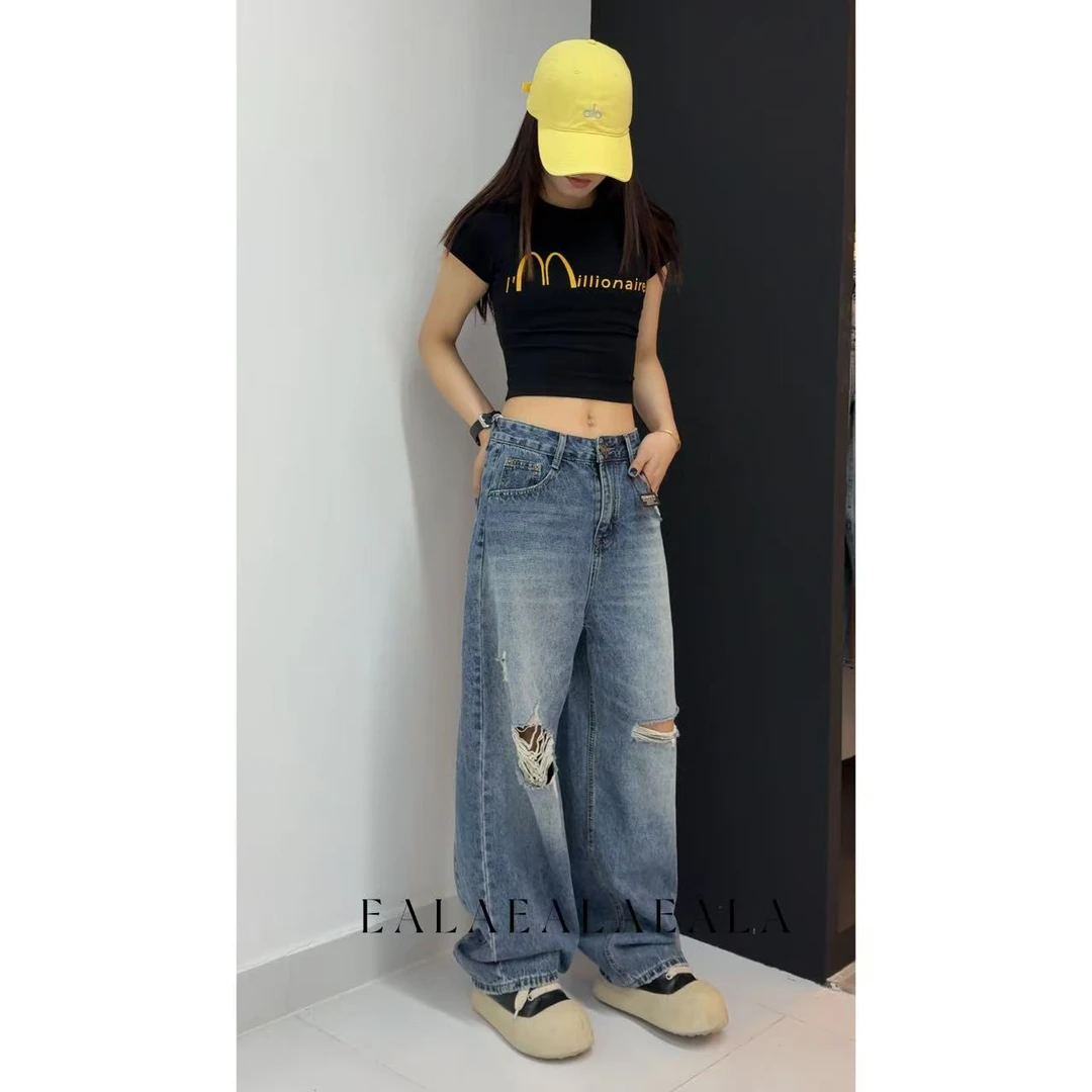 EZ8556-夏季新款浅蓝破洞设计高级无弹水洗软牛仔裤