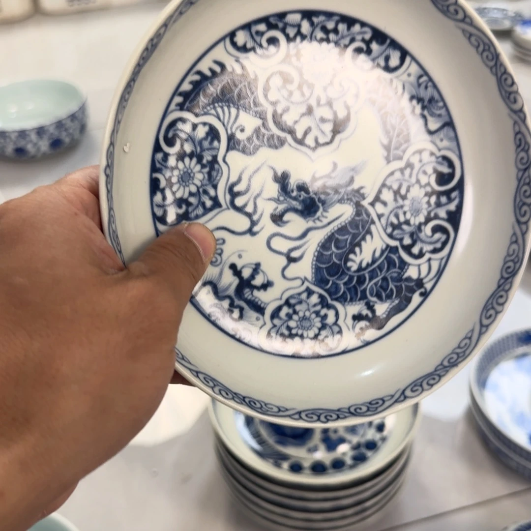 摆件陶青花如意穿花龙大壶承