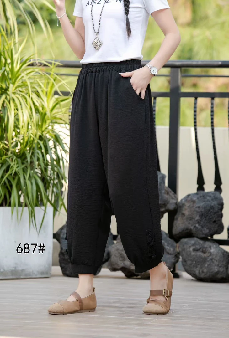 687夏季新款休闲宽松裤脚如意纽扣棉麻小脚裤