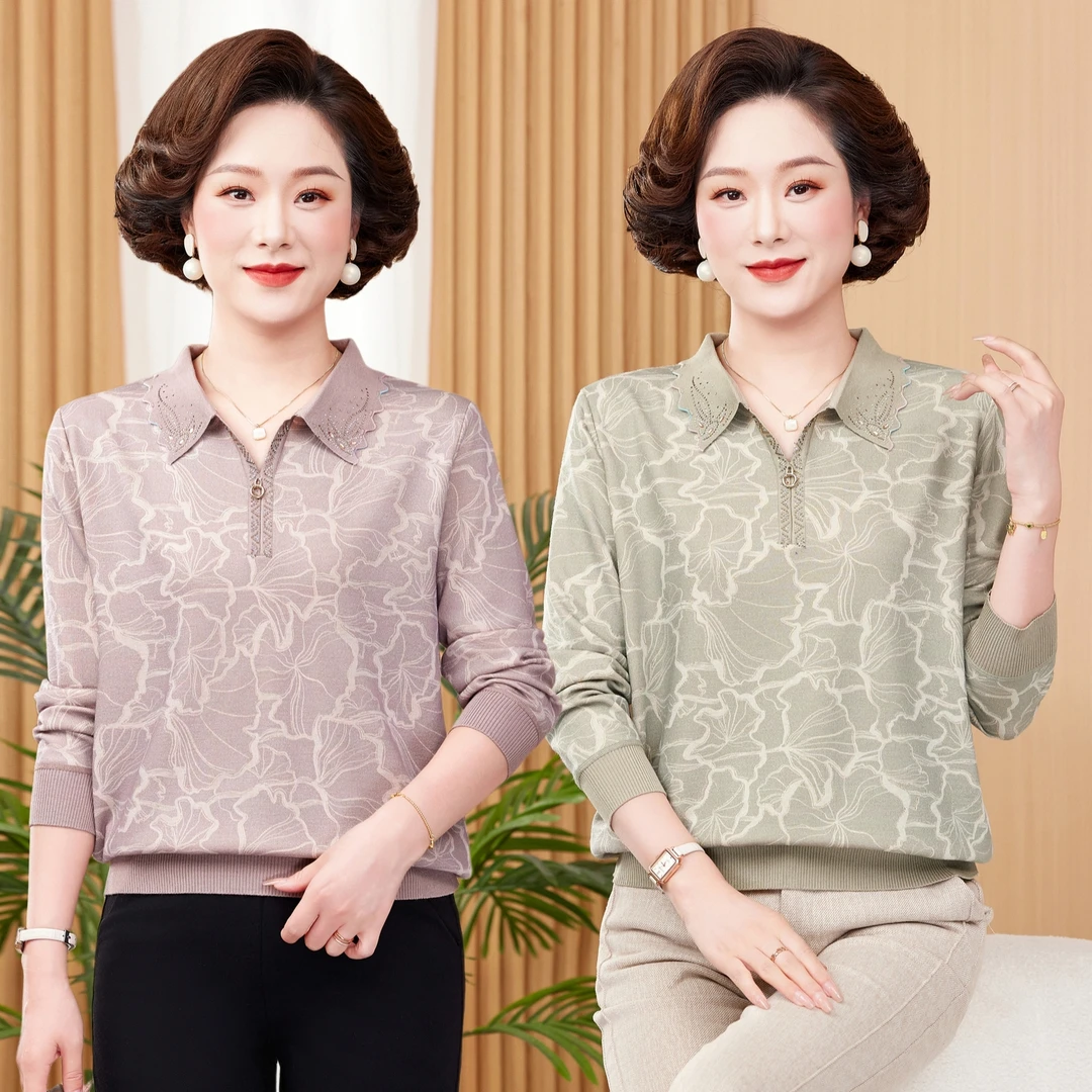 妈妈春秋洋气外穿上衣薄款T恤套装50岁中老年女秋季长袖打底毛衫