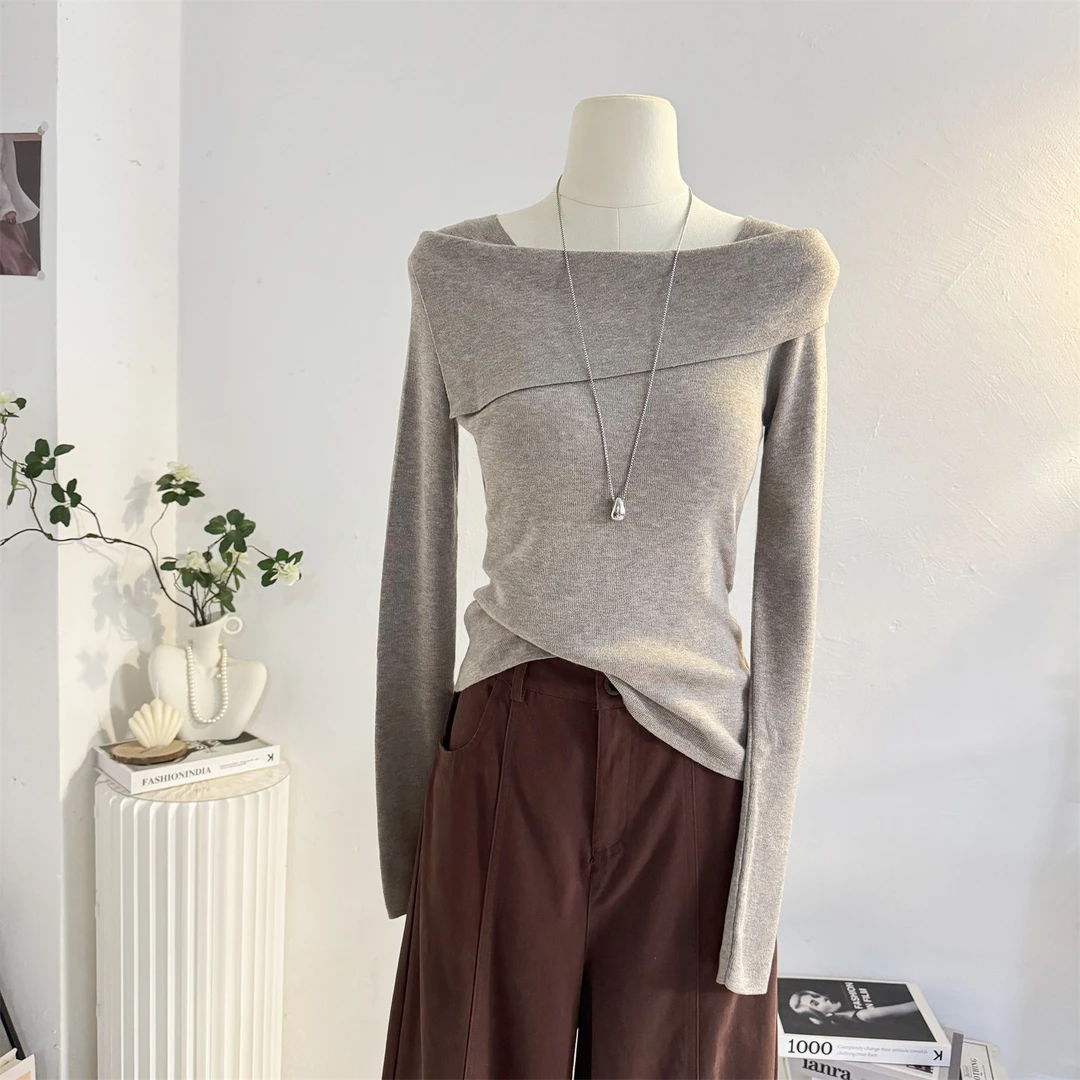 一字领毛针织衫女2025秋冬季设计感不规则修身长袖T恤内搭打底衫