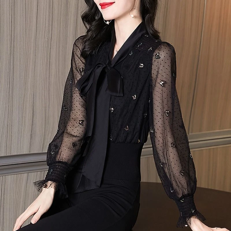 2025年新款秋季设计感小众别致波点网纱泡泡长袖内搭