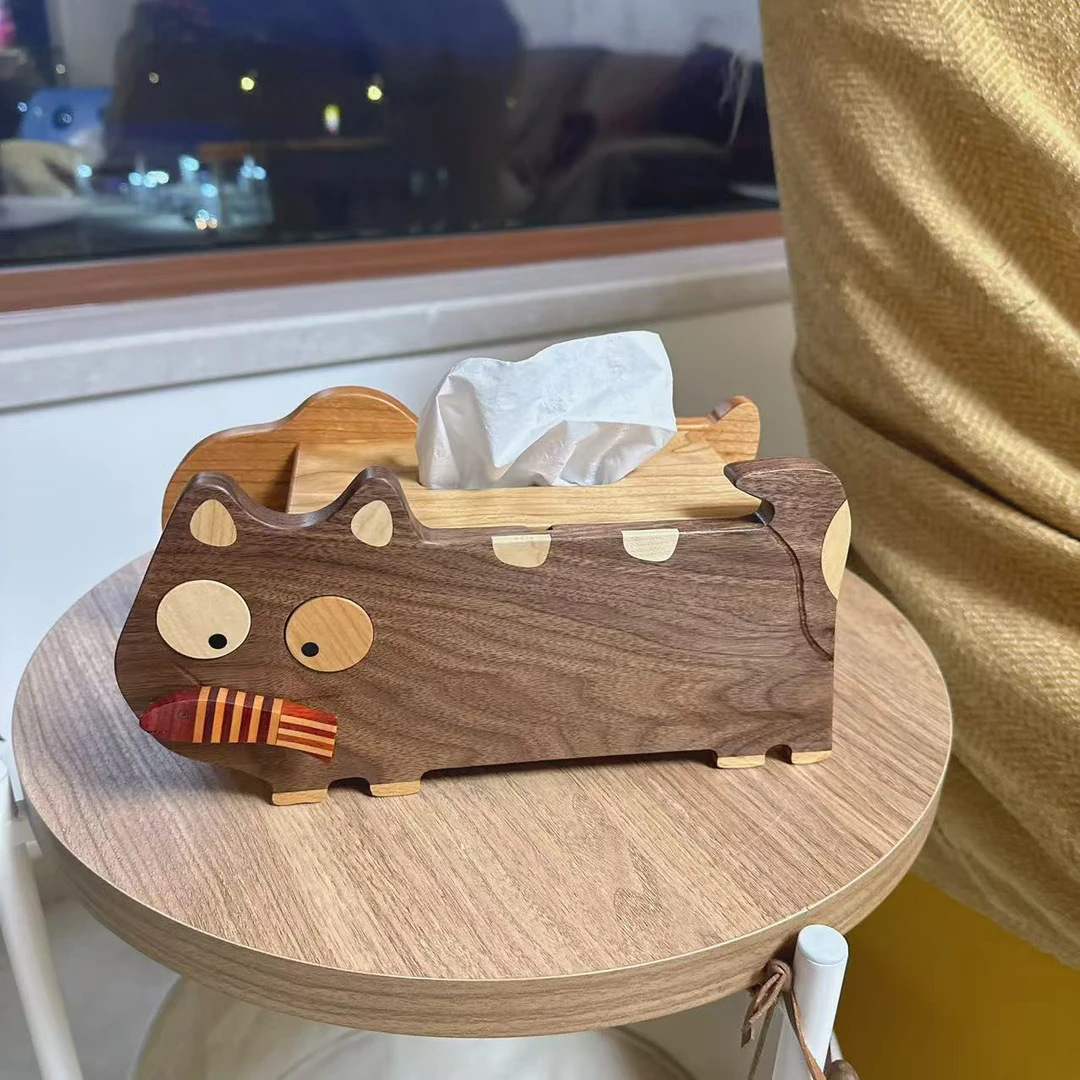 猫狗双全纸巾盒 原木摆件 抽纸盒
