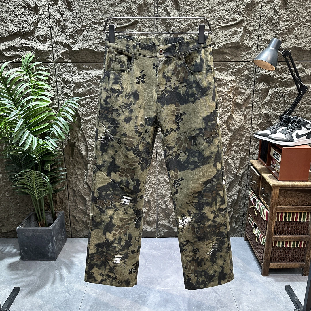 蛇纹迷彩牛仔裤男女款潮牌美式hiphop痞帅裤子夏季宽松阔腿弯刀裤