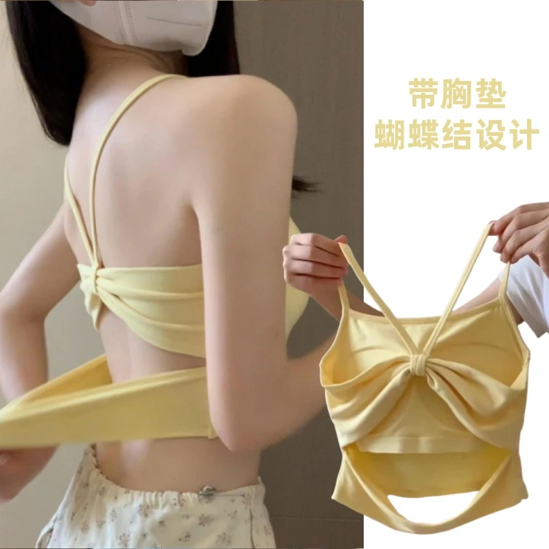 纯欲风显白露背嫩黄色蝴蝶结吊带内搭外穿简约镂空带胸垫上衣夏L