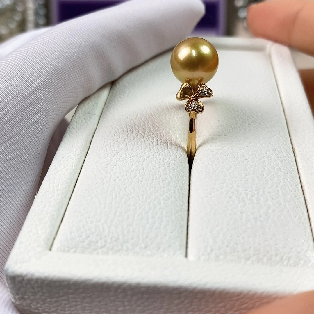 18K金镶嵌戒指海水珍珠10-11南洋金珠戒指（浓金正圆基本无暇）