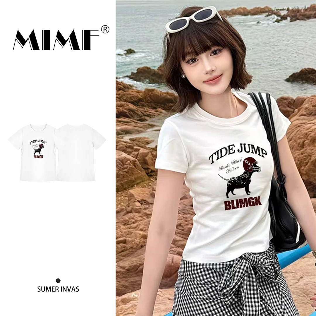 mnmf韩版时尚oversize减龄卡通小狗印花短袖T恤女装新款简约上衣