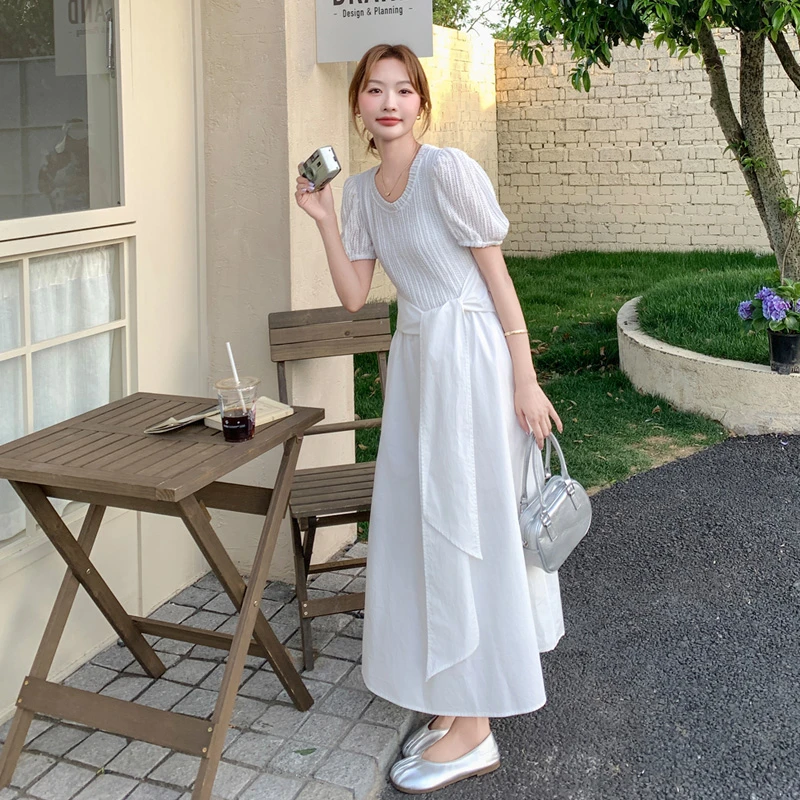白色法式浪漫飘带收腰连衣裙女2025夏季新款气质减龄白月光初恋裙