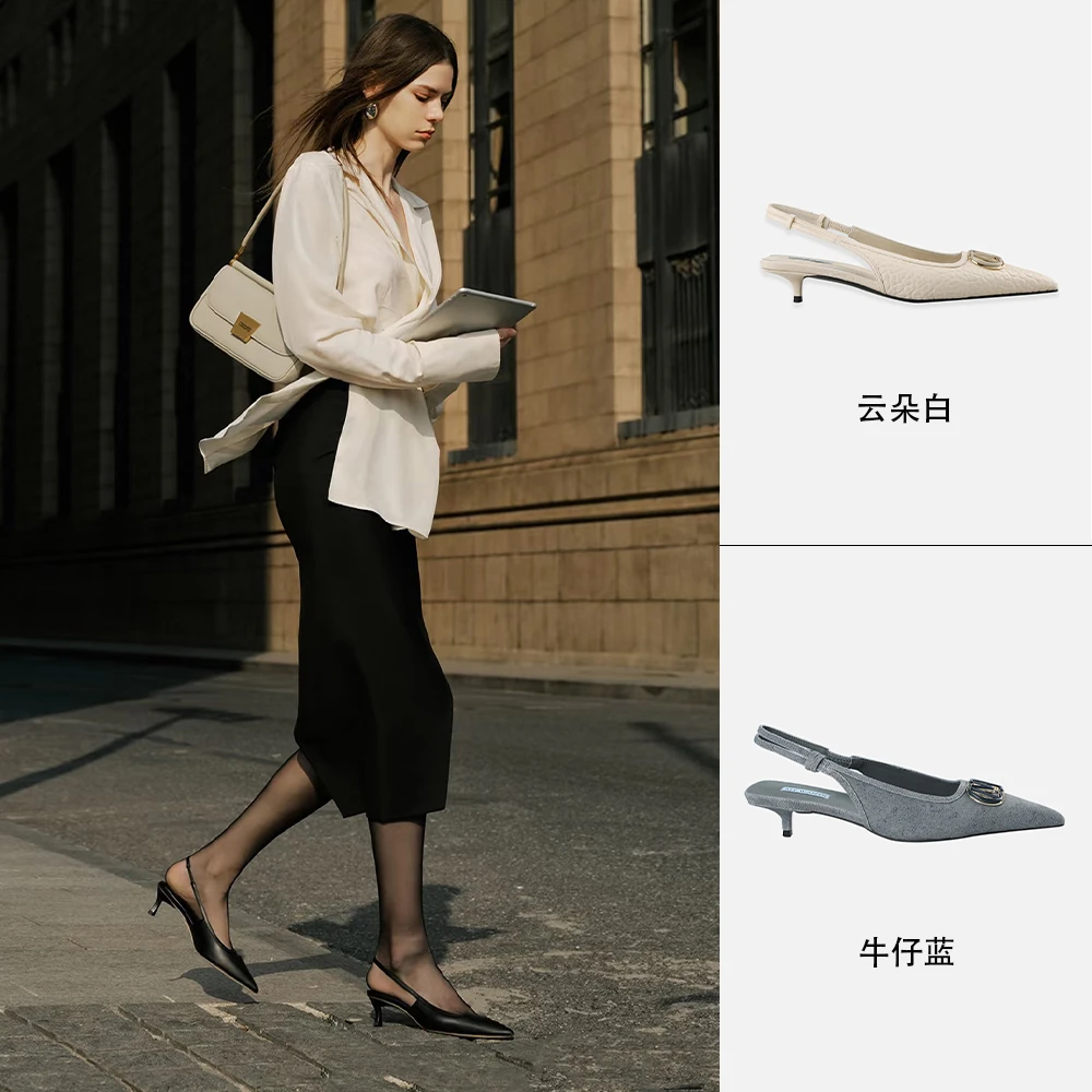 MY WANTS 优雅尖头金色字母中跟气质荔枝纹高跟凉鞋MW110709