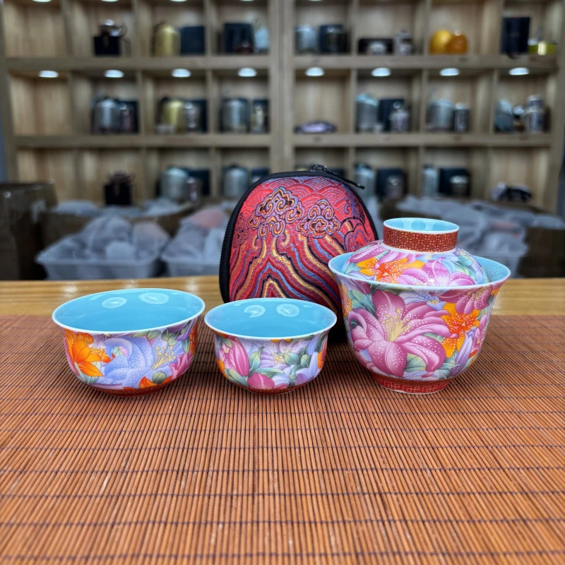 珐琅【百合花】1盖碗 2杯旅行茶具 C0867