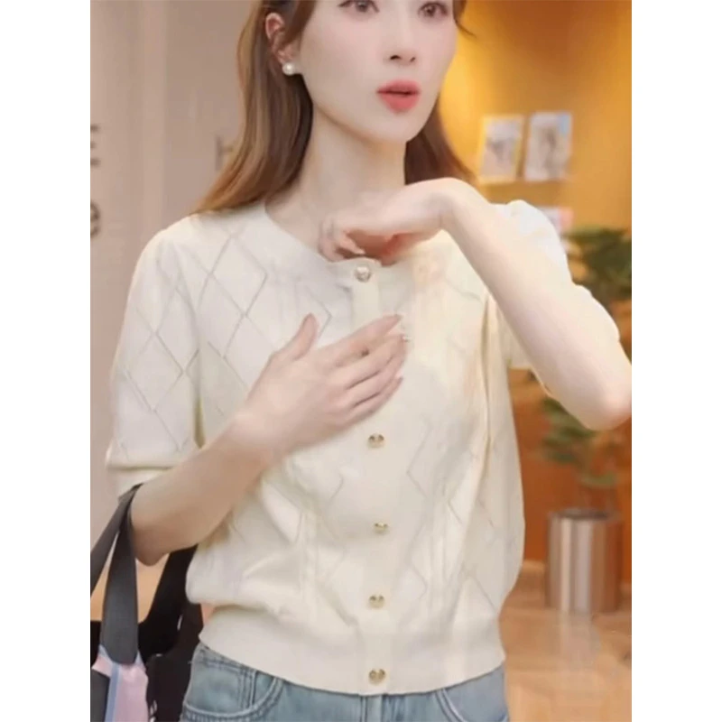 菱格镂空冰丝短袖T恤女2025夏季新款大码女装慵懒风提花针织衫女