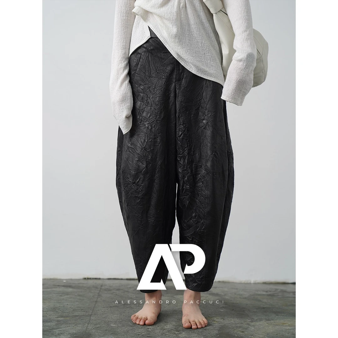 AP洛哥19732 S/19732 X 【褶皱萝卜裤】柔软绵羊皮百搭九分休闲皮裤