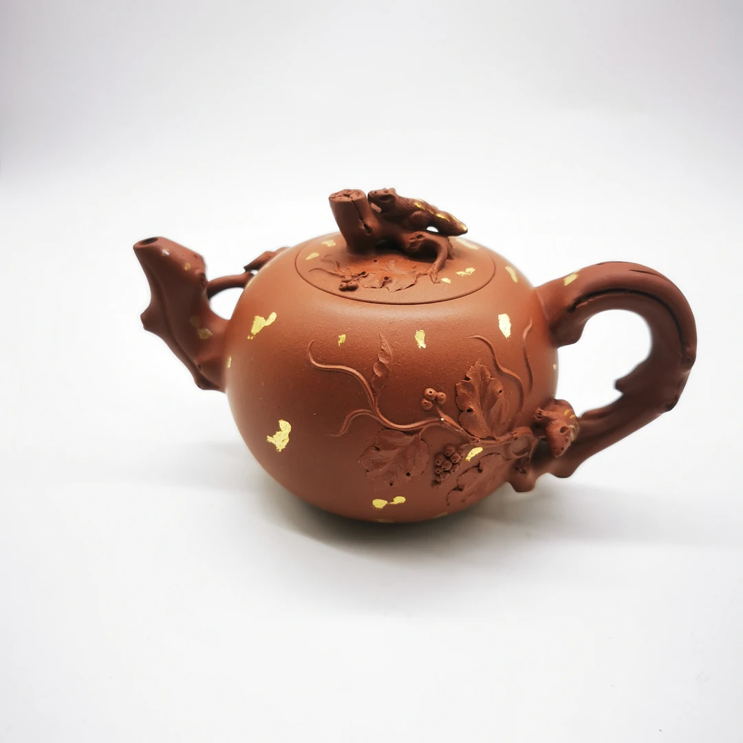 尚石窑精品朱泥洒金筋纹井栏壶纯手工松鼠葡萄壶