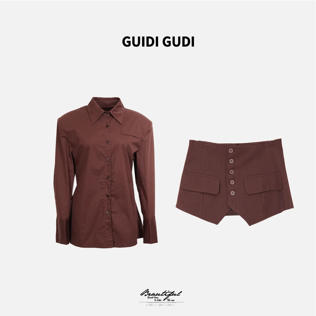 GUIDI GUDI【天空的帆】气质百搭衬衫腰封套装/黄加蓝