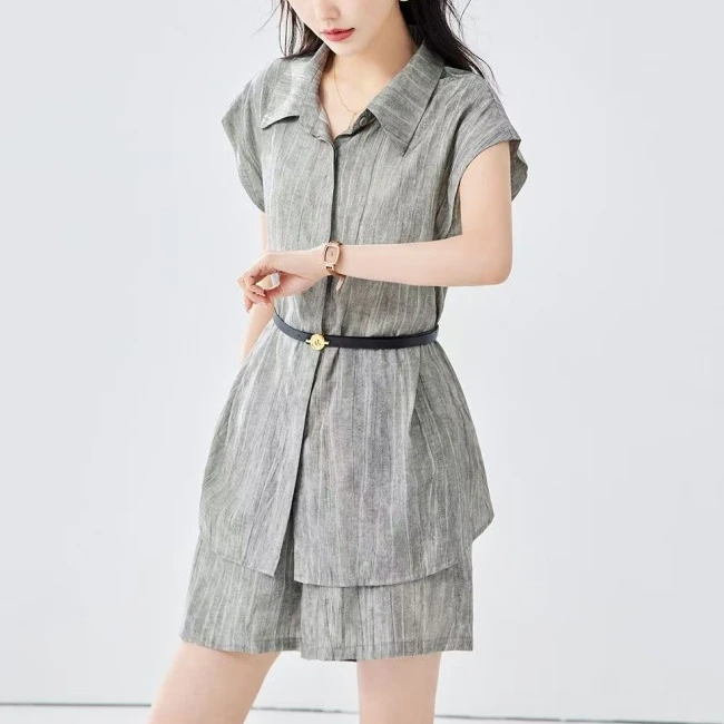 2025新款夏季新款阔腿短裤时尚两件套高级感收腰薄款衬衫套装年轻