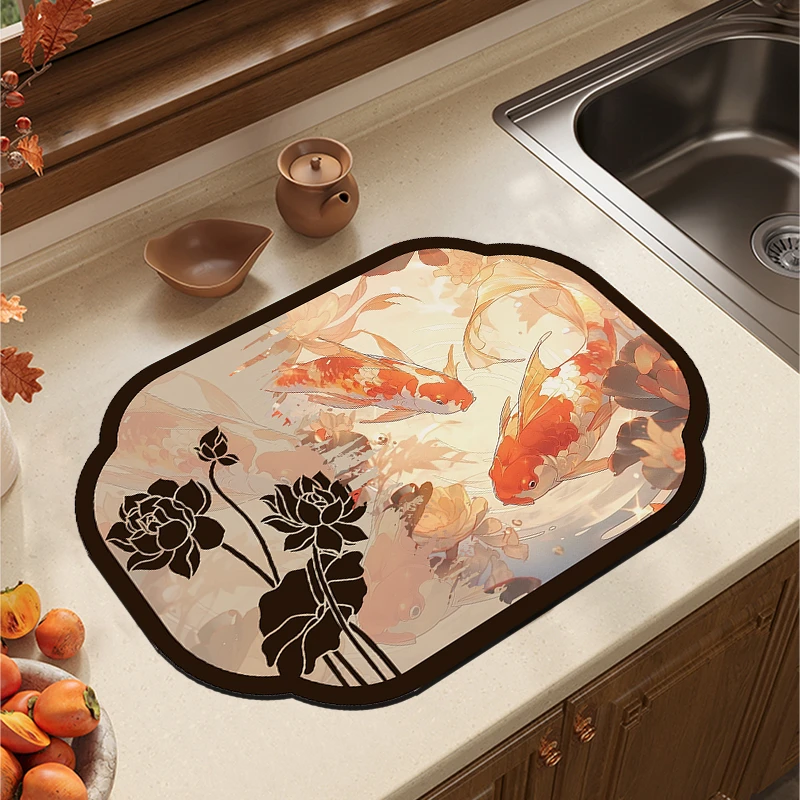 2个装复古风厨房沥水垫吸水桌垫茶杯垫锦鲤花鸟防滑耐脏软垫子