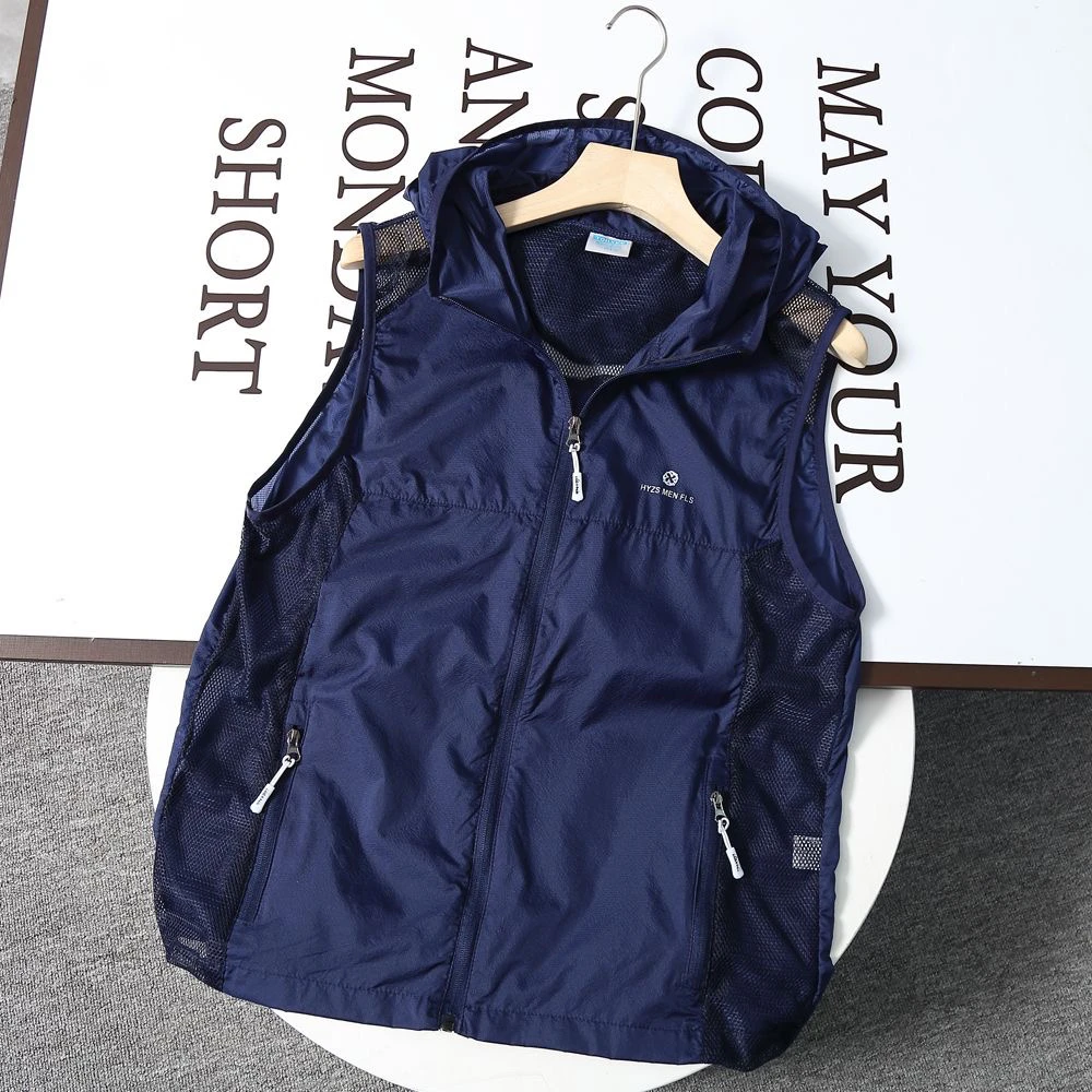 外贸韩国夏季户外运动健身防晒衣马甲后背漏网透气多兜背心外套男