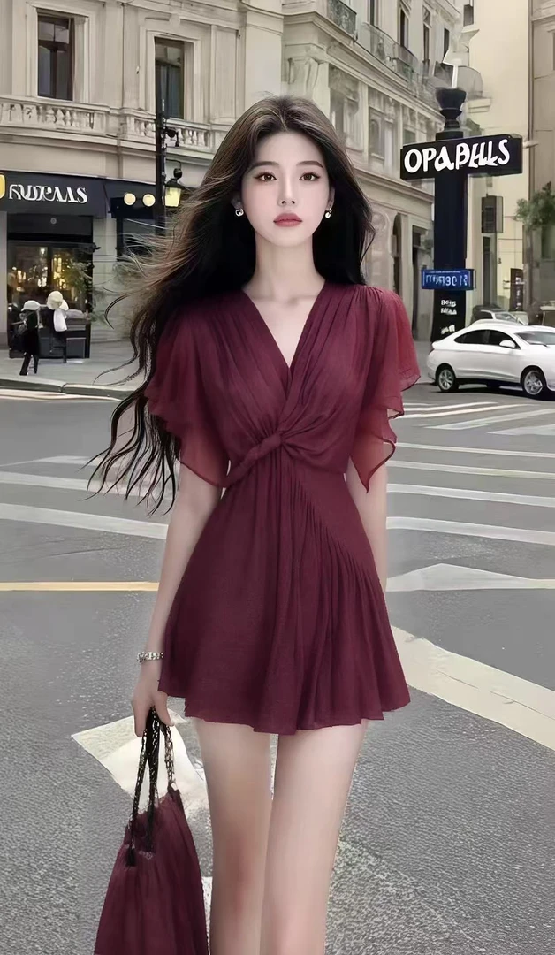 时尚轻奢高端大气温柔知性风酒红色V领短袖收腰设计感连衣裙女