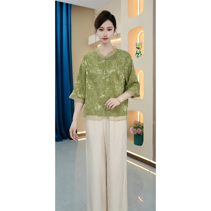 【KL-X10】2025年新款夏款妈妈休闲时尚气质款轻薄上衣女套装