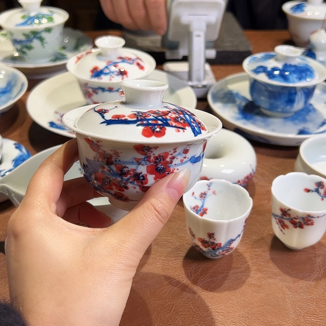 甜***冰青花手绘红梅盖碗