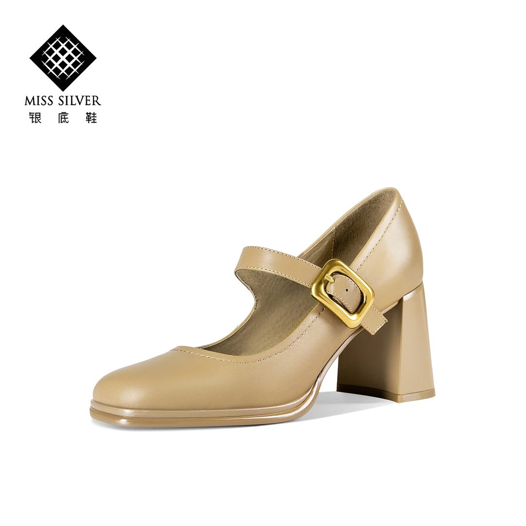 方头粗跟玛丽珍鞋女2024年夏季新款一字带真皮浅口单鞋