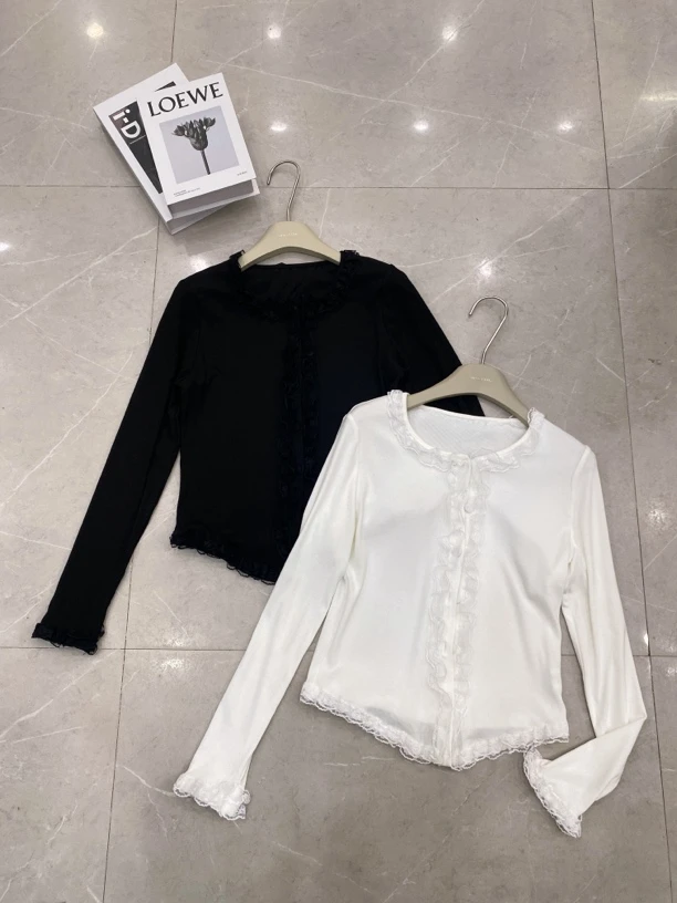 【秋款】MT’纯欲风雷丝花边长袖上衣’ 蕾丝拼接修身显瘦上衣