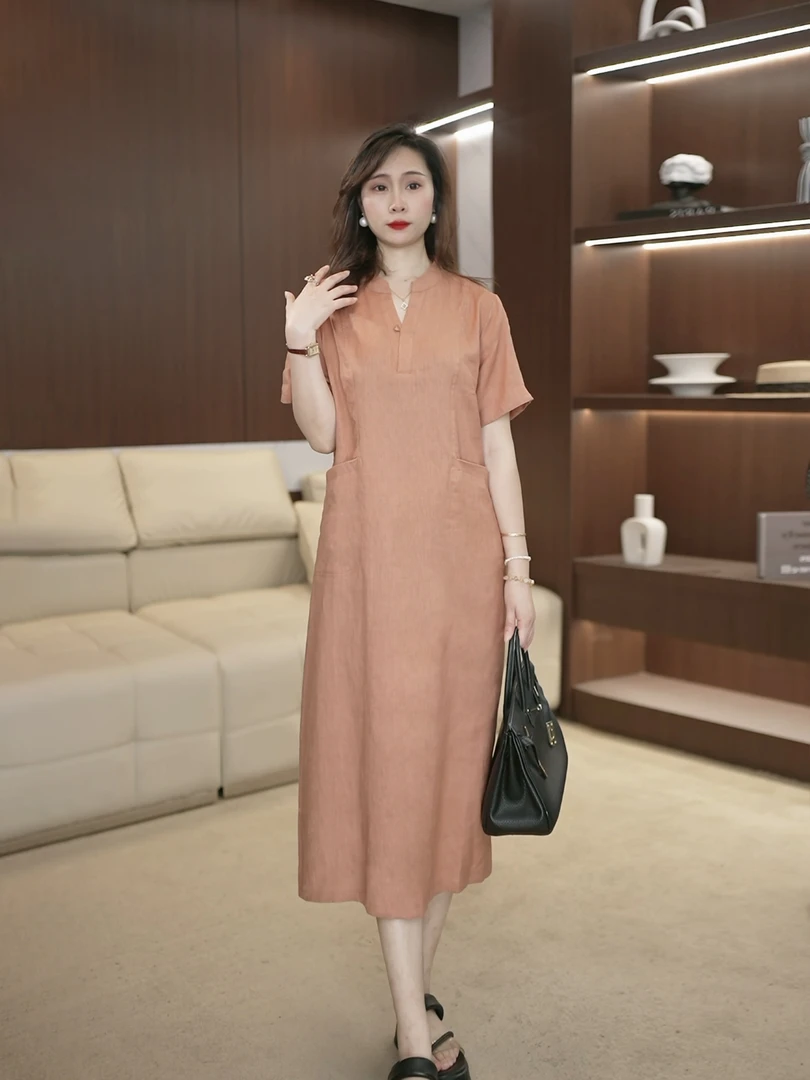 2025夏季宽松显瘦休闲大码中长裙民族风文艺亚麻短袖连衣裙女3174