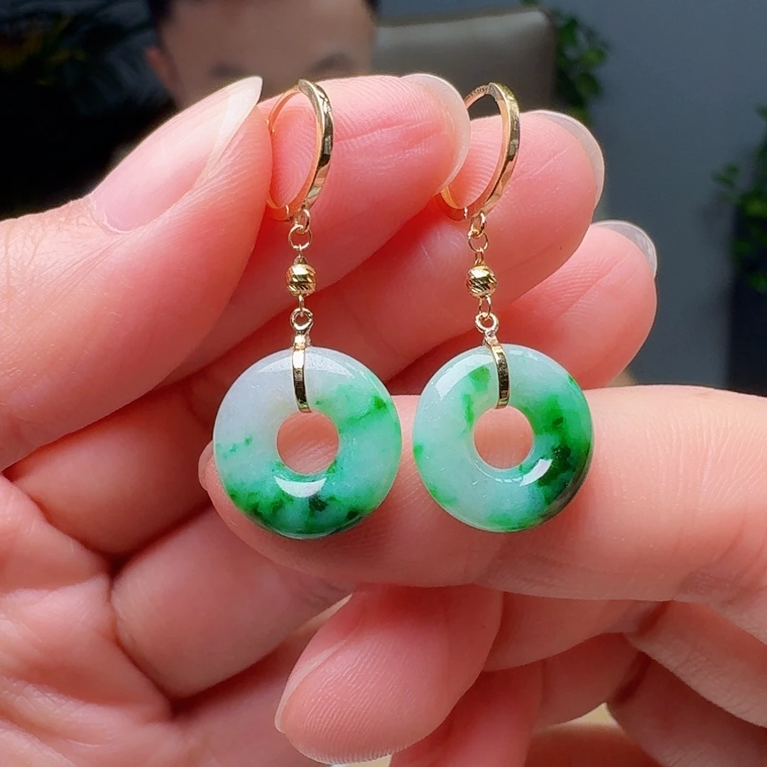 翡翠18K金镶嵌耳饰天然