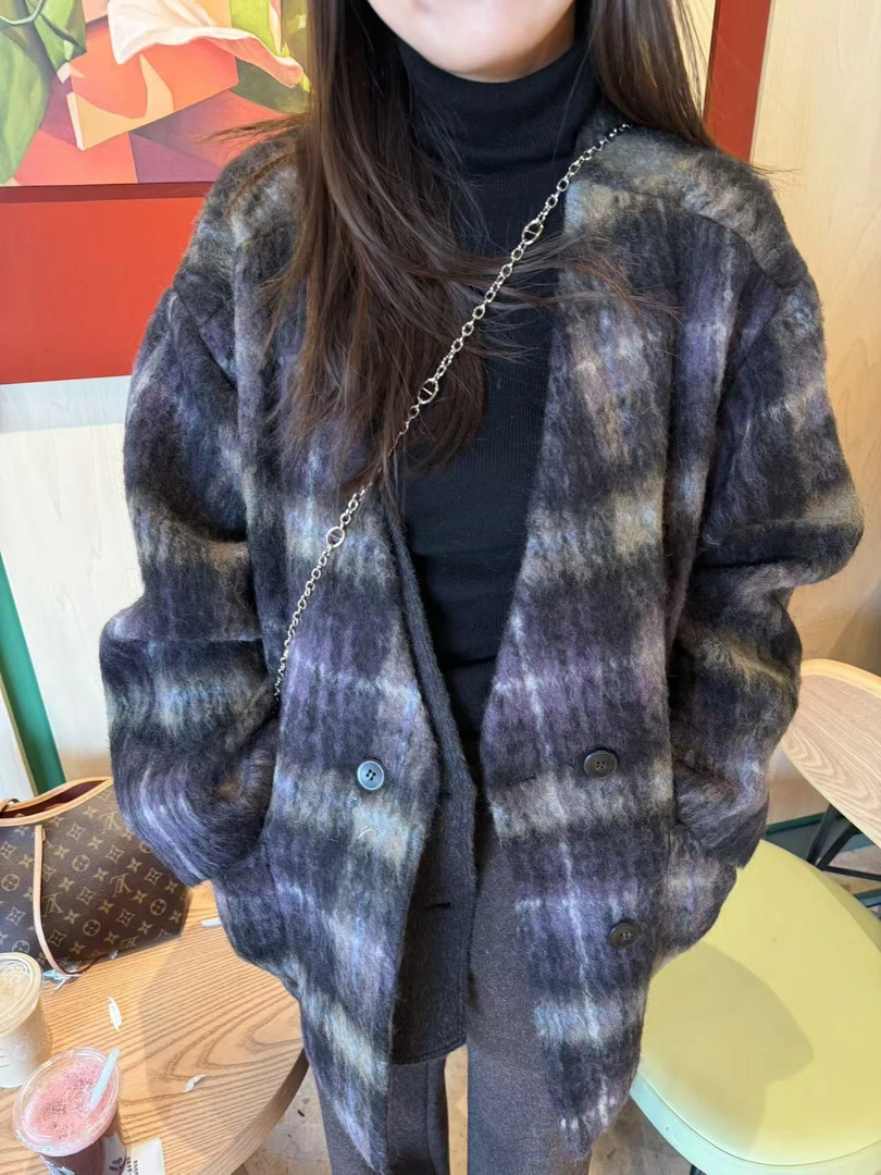 YOUCAI24冬季｜小众设计款紫色格子大衣