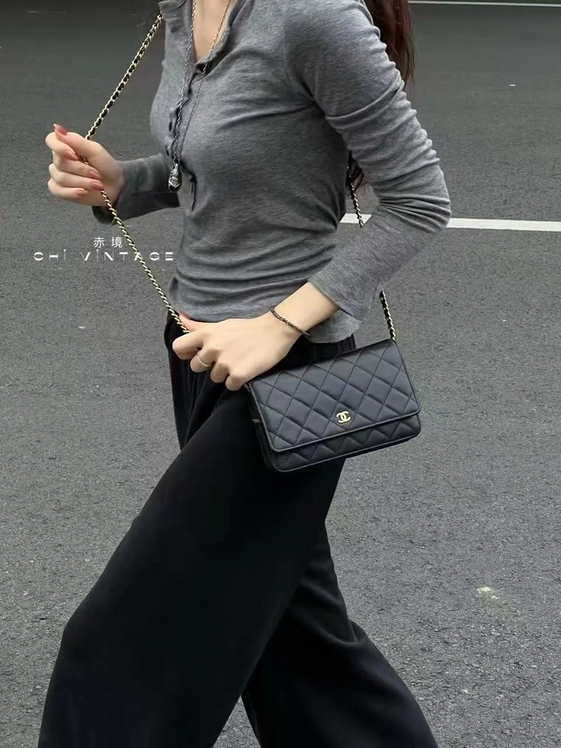 95新 Chanel/香奈儿 6196 黑金荔枝牛发财woc斜挎包17-18