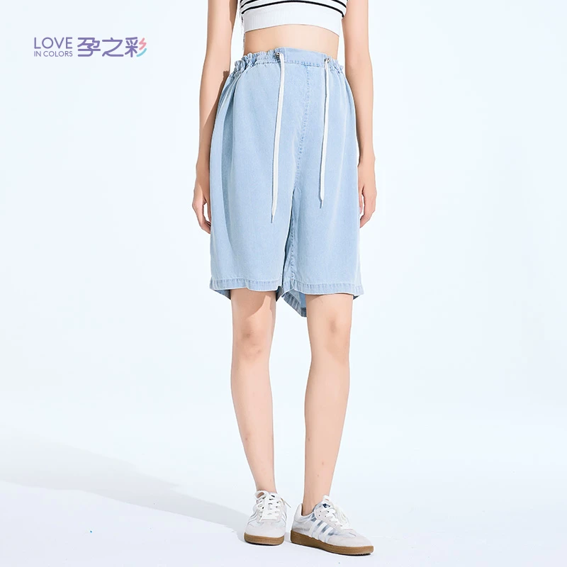 孕之彩百搭休闲裤抽绳夏季韩版阔腿牛仔短裤YWK612503高腰时尚