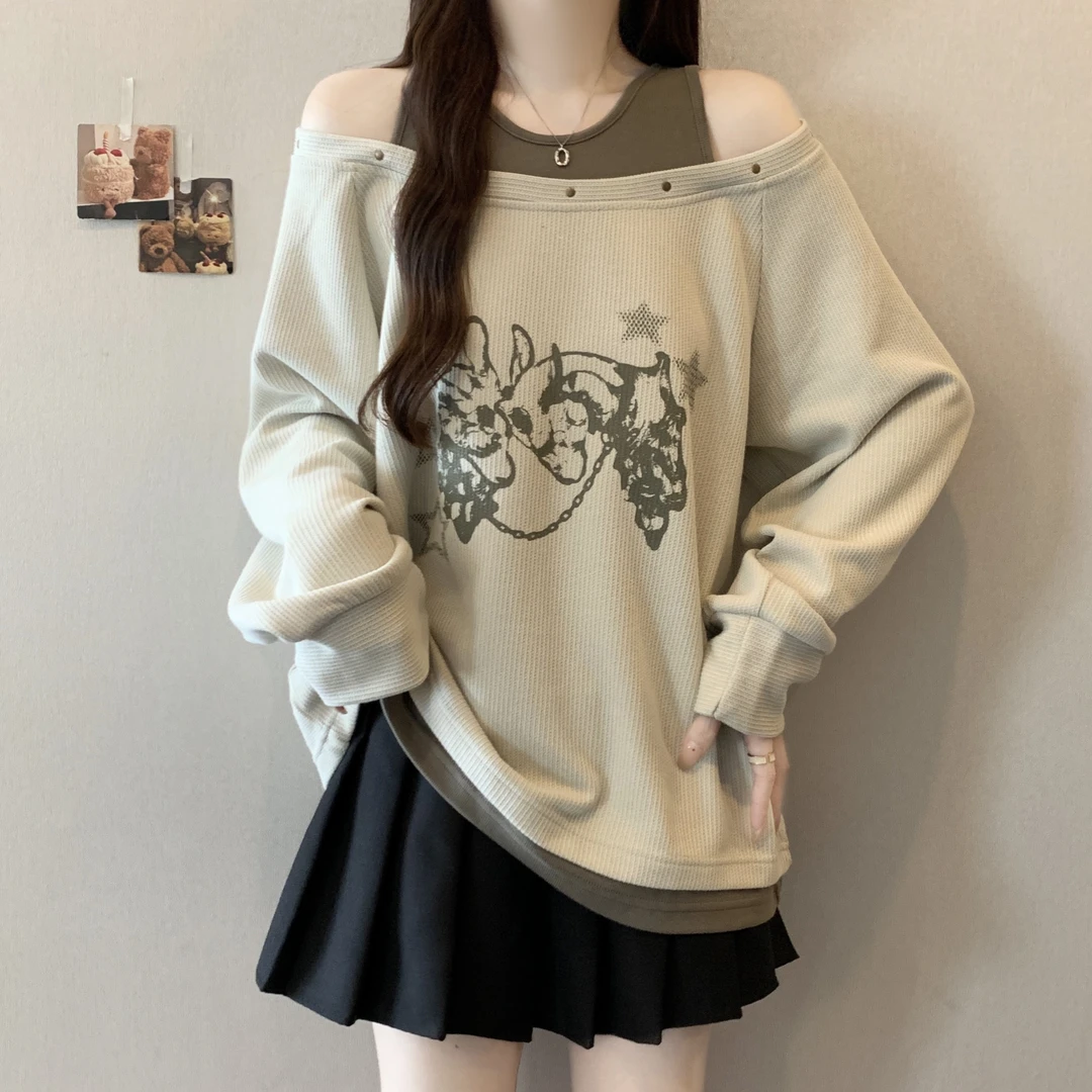 假两件露肩印花长袖t恤女秋冬新款大码胖mm遮肚宽松显瘦百搭上衣