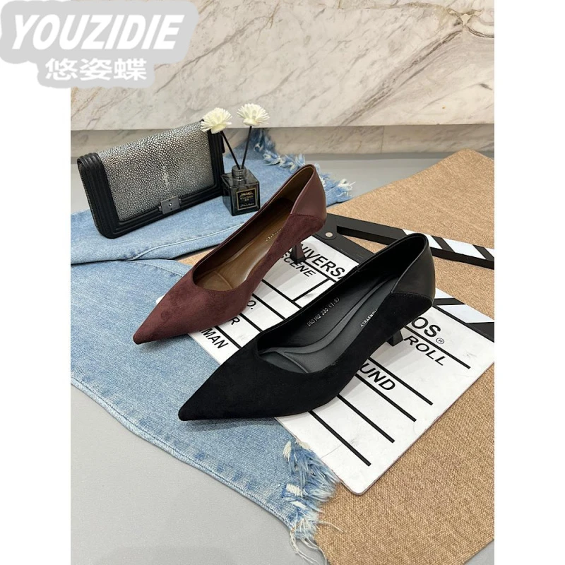 2025新款尖头细跟高跟鞋女浅口单鞋绒面百搭工作鞋职业OL通勤鞋子