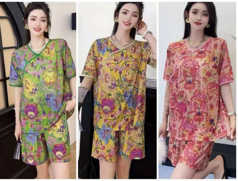 【5068】新款高级感新中式盘扣复古碎花短袖短裤洋气显瘦家居服套装