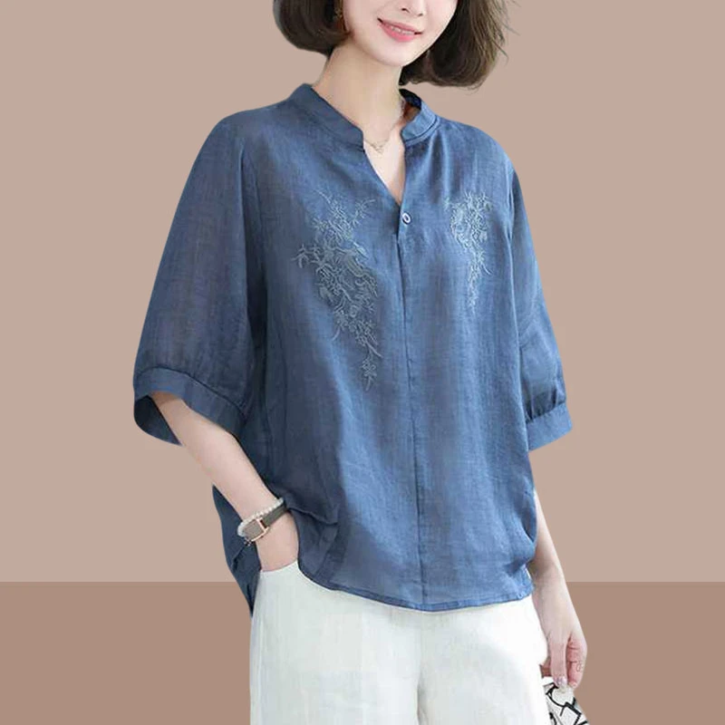 亚麻刺绣衬衫上衣2025夏季时尚新款V领短袖气质显瘦大码妈妈衣服