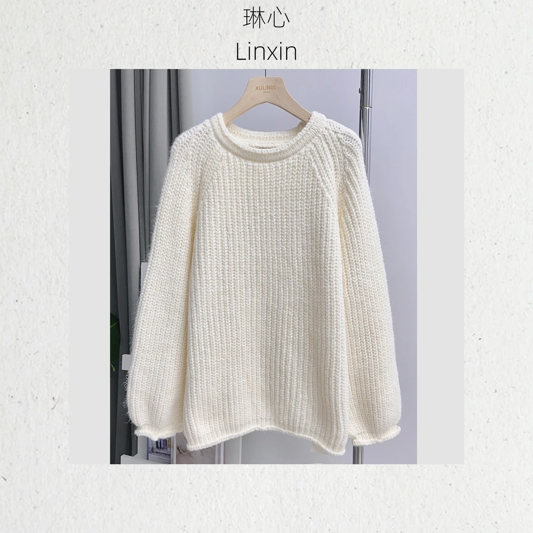 秋季时尚气质百搭白色粗针卷边宽松圆领针织衫 JMZ126
