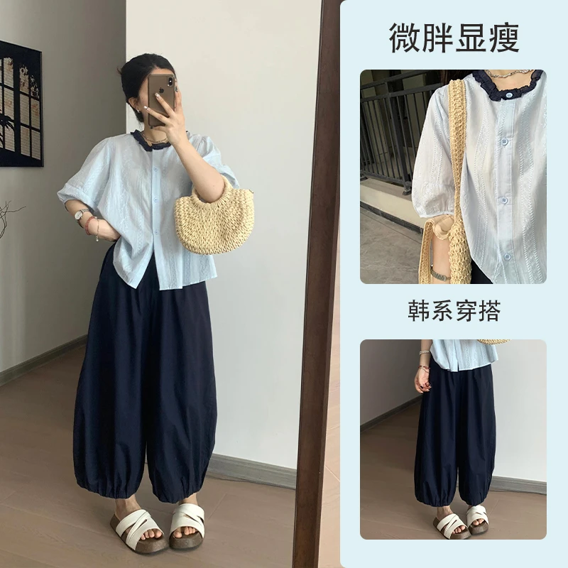 设计感花边拼接大码短袖衬衫女2025夏新款时尚减龄薄款小衫