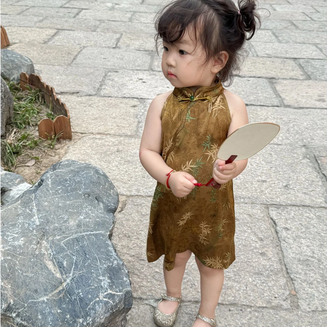 壹妈韩版童装女童国风2025夏季新款挂脖旗袍裙夏季中式竹叶背心裙