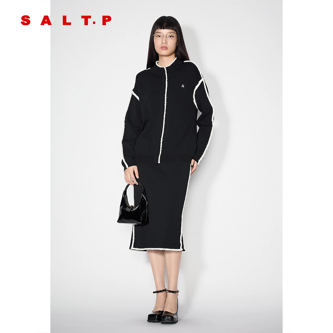 SALT.P可颜黑白撞色拼边针织包臀显瘦下摆开叉半身裙2025春新款