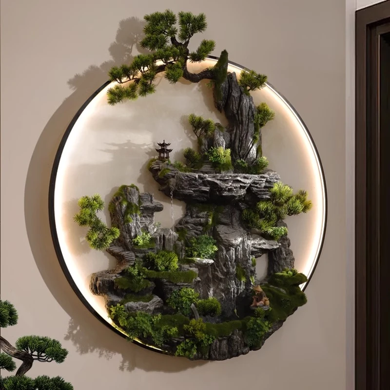 松韵福泽 流水生财玄关立体浮雕墙面装饰灯画高端茶室循环水挂画