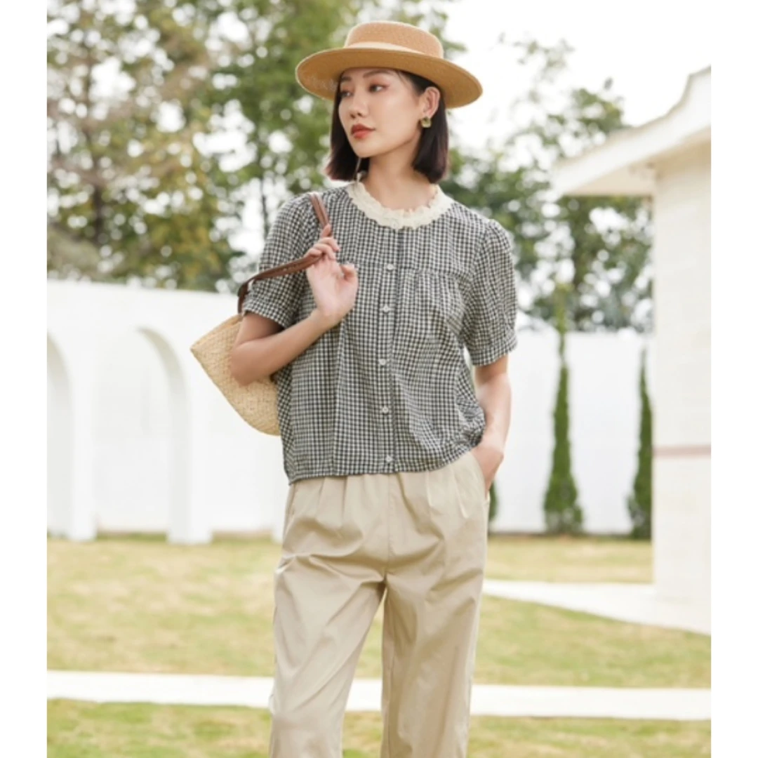 希茜9202 春夏气质穿搭时尚百搭格子圆领女衬衫