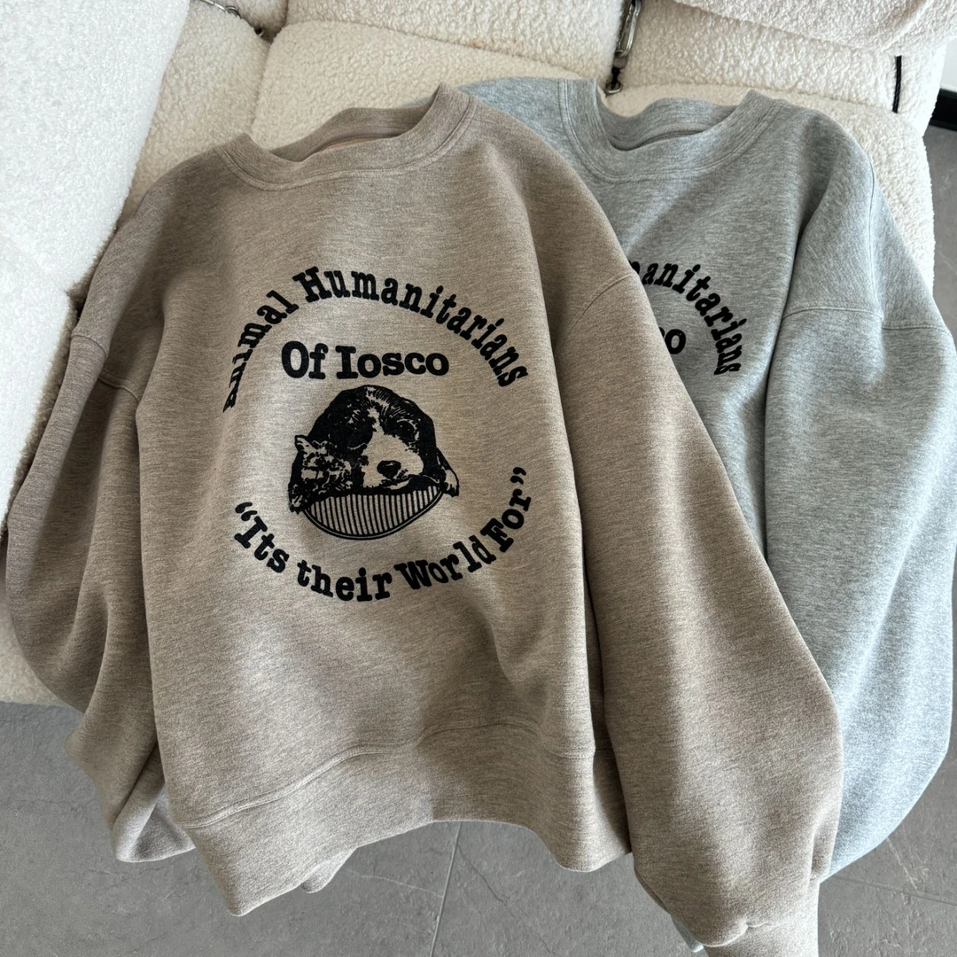 【奶泡星球】不加绒韩系气质百搭植绒休闲宽松慵懒风套头圆领卫衣女