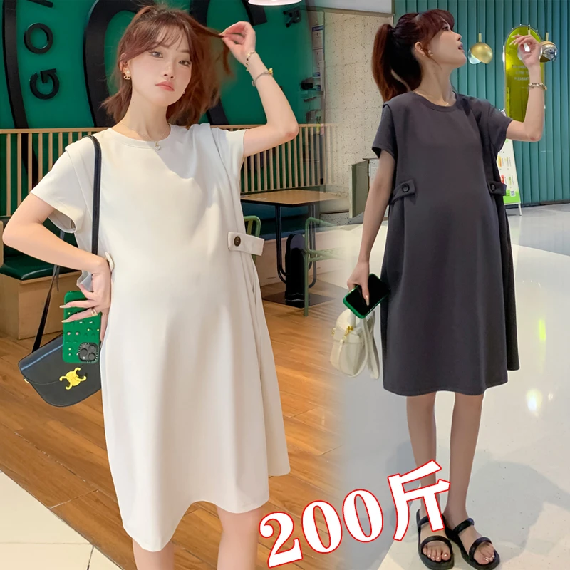 2025夏季新款孕妇装短袖连衣裙中长款纯色百搭小清新大码200斤女
